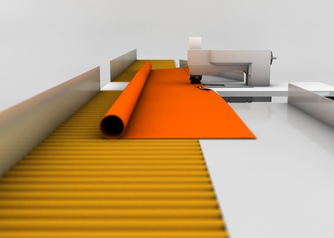 Impianto di cucitura per orlatura e inserimento cordino o keder